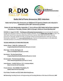 Radio Hall of Fame Announces 2021 Inductees