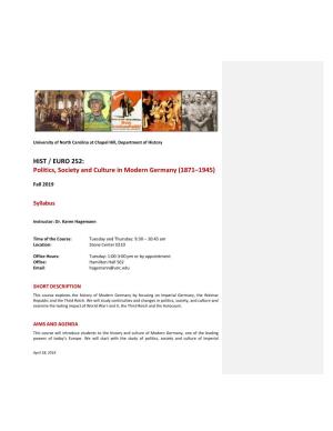 HIST / EURO 252: Politics, Society and Culture in Modern Germany (1871–1945)