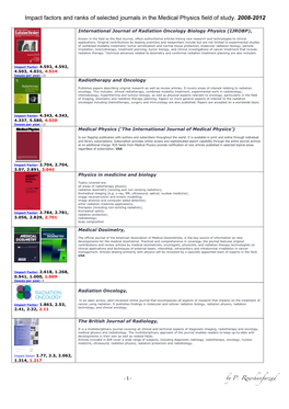 Impact Factors and Ranks of Selected Journals in the Medical Physics Field of Study