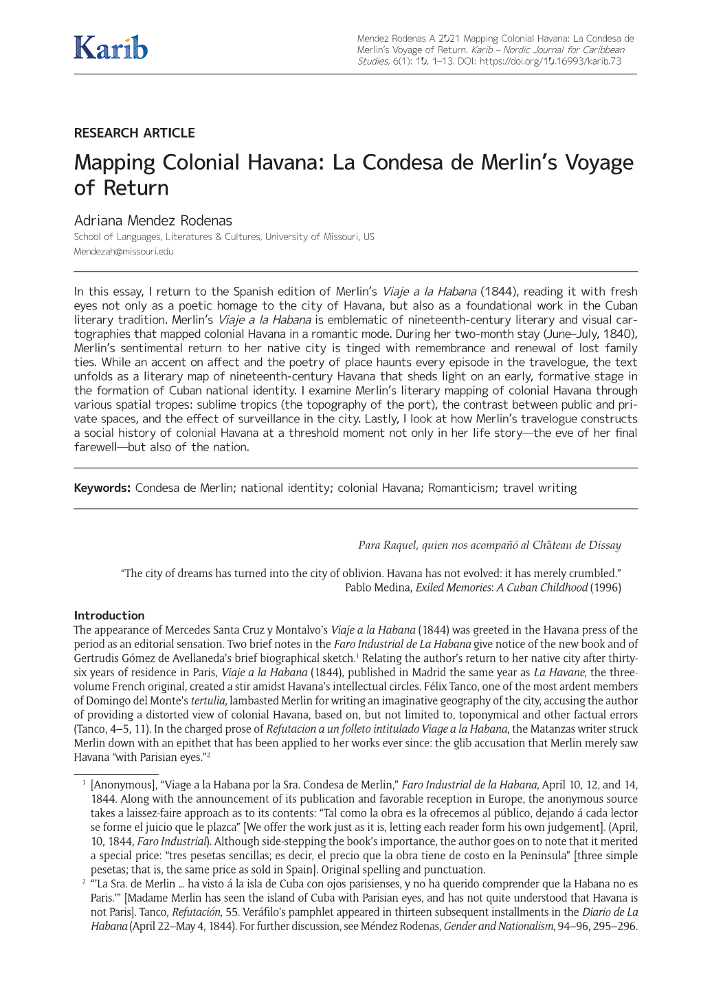 Mapping Colonial Havana: La Condesa De Merlin's Voyage of Return