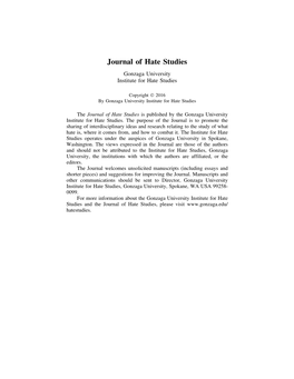 Journal of Hate Studies Gonzaga University Institute for Hate Studies