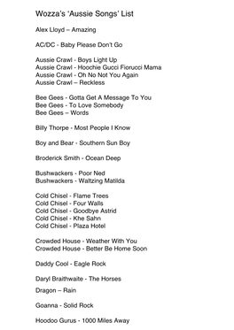 Wozza's 'Aussie Songs' List