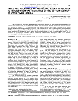 Types and Abundance of Arthropod Fauna in Relation to Physico-Chemical Properties of the Bottom Sediment of Warri River, Nigeria