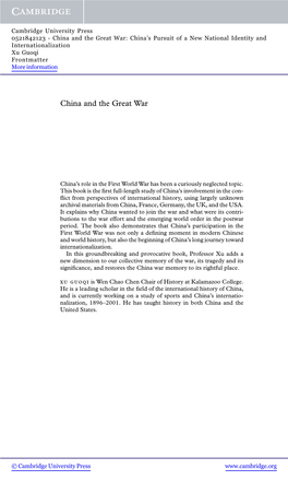 China and the Great War: China’S Pursuit of a New National Identity and Internationalization Xu Guoqi Frontmatter More Information