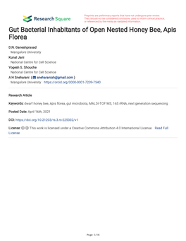 Gut Bacterial Inhabitants of Open Nested Honey Bee, Apis Florea