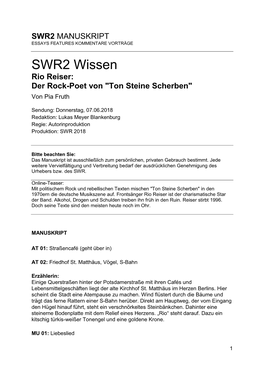 SWR2 Wissen Rio Reiser: Der Rock-Poet Von "Ton Steine Scherben" Von Pia Fruth