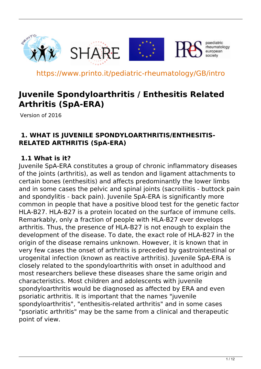 Juvenile Spondyloarthritis / Enthesitis Related Arthritis (Spa-ERA) Version of 2016