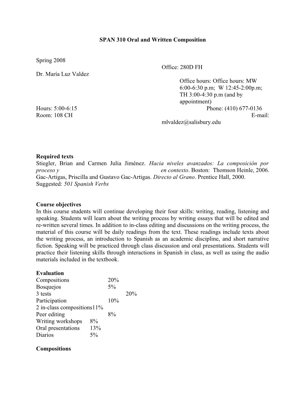 SPAN 310 Oral and Written Composition