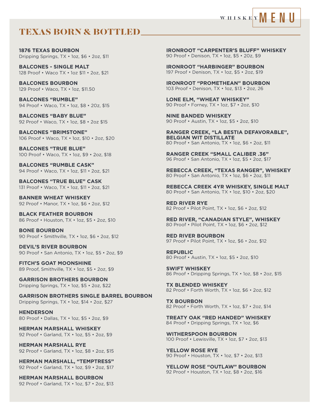 Haywire Whiskey Menu