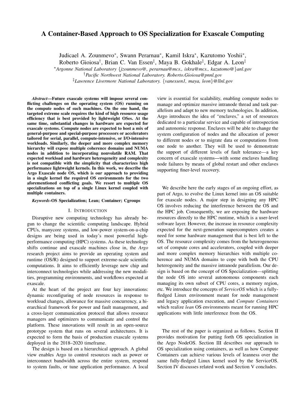 A Container-Based Approach to OS Specialization for Exascale Computing