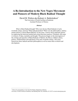 A Re-Introduction to the New Negro Movement and Pioneers of Modern Black Radical Thought by David M