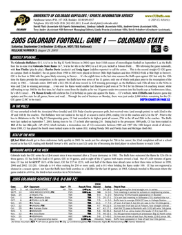 2005 COLORADO Football: GAME 1 — COLORADO STATE Saturday, September 3 in Boulder (1:40 P.M
