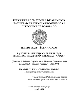 La Pobreza Subjetiva Y El Bienestar Económico En Asunción-Paraguay - Año 2014