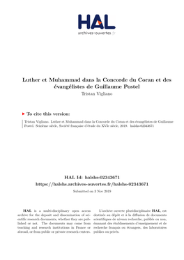 Luther Et Muhammad Dans La Concorde Du Coran Et Des Évangélistes De Guillaume Postel Tristan Vigliano