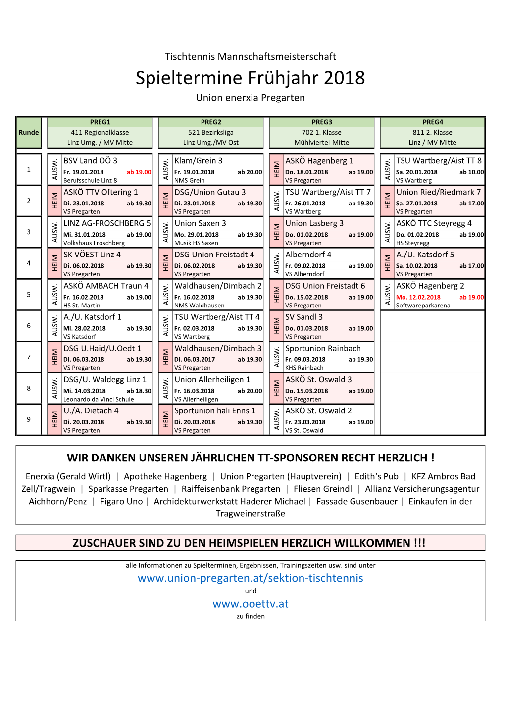 Spieltermine Frühjahr 2018 Union Enerxia Pregarten