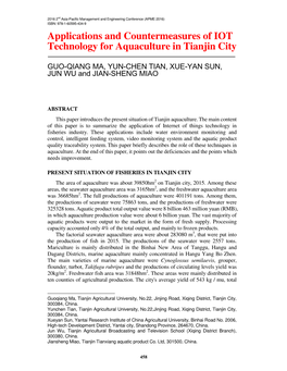 Applications and Countermeasures of IOT Technology for Aquaculture in Tianjin City