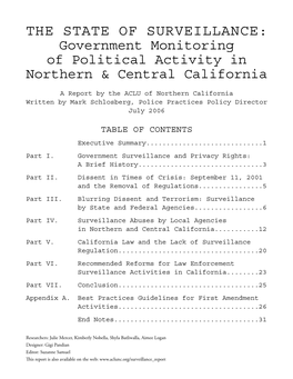 THE STATE of SURVEILLANCE: Government Monitoring of Political Activity in Northern & Central California