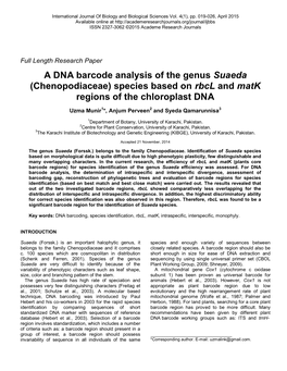 A DNA Barcode Analysis of the Genus Suaeda (Chenopodiaceae) Species Based on Rbcl and Matk Regions of the Chloroplast DNA