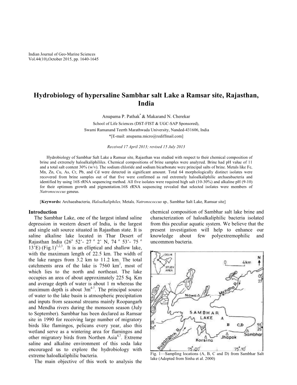 Hydrobiology of Hypersaline Sambhar Salt Lake a Ramsar Site, Rajasthan, India