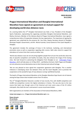 Prague International Marathon and Shanghai International Marathon Have Signed an Agreement on Mutual Support for Developing World-Class Distance Races