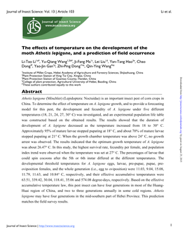 The Effects of Temperature on the Development of the Moth Athetis Lepigone, and a Prediction of Field Occurrence Abstract