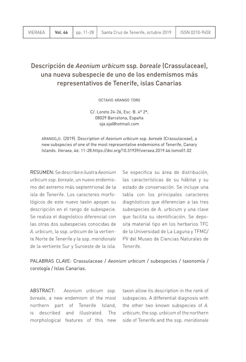 Descripción De Aeonium Urbicum Ssp. Boreale (Crassulaceae), Una Nueva Subespecie De Uno De Los Endemismos Más Representativos De Tenerife, Islas Canarias