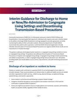 Interim Guidance for Discharge to Home Or New/Re-Admission to Congregate Living Settings and Discontinuing Transmission-Based Precautions