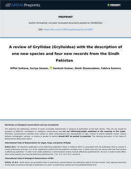 A Review of Gryllidae (Grylloidea) with the Description of One New Species and Four New Records from the Sindh Pakistan