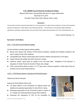 US-JAPAN Council Annual Conference Notes