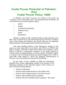 Hydel Power Potential of Pakistan and Hydel Power Policy 1995