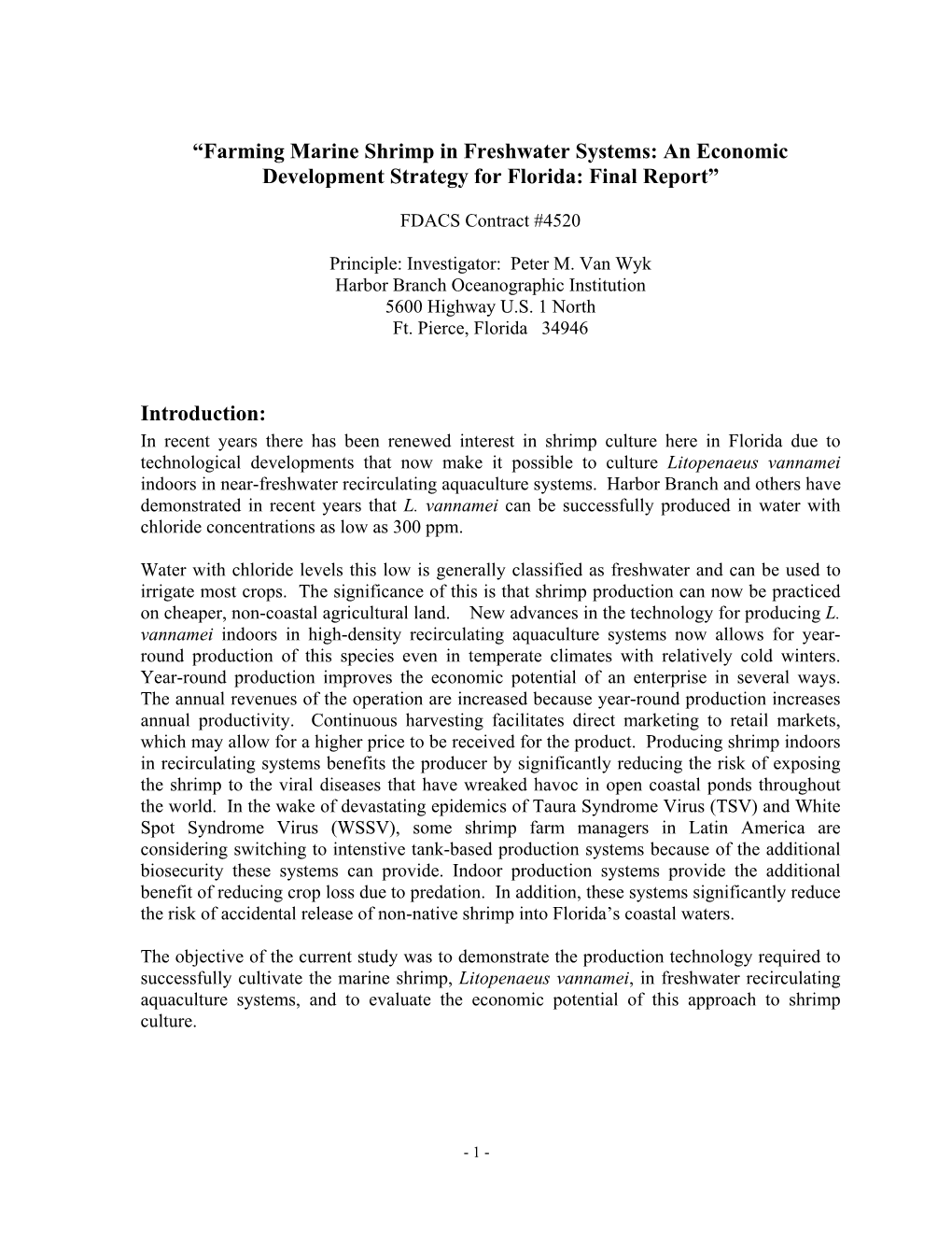 Farming Marine Shrimp in Freshwater Systems: an Economic Development Strategy for Florida: Final Report”