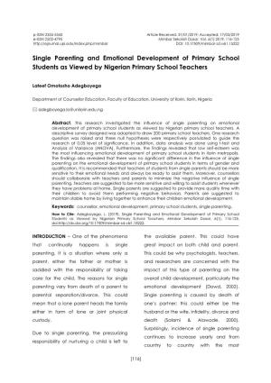 Single Parenting and Emotional Development of Primary School Students As Viewed by Nigerian Primary School Teachers