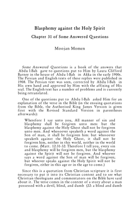 Blasphemy Against the Holy Spirit Chapter 31 of Some Answered Questions