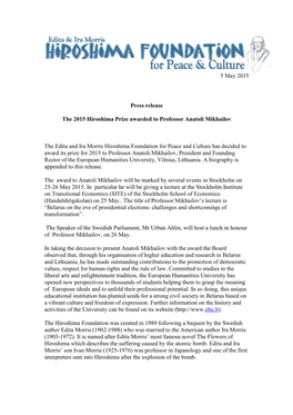 5 May 2015 Press Release the 2015 Hiroshima Prize Awarded To