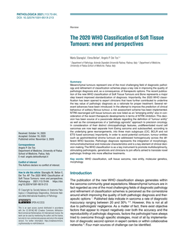 The 2020 WHO Classification of Soft Tissue Tumours: News and Perspectives