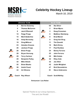 MSRI Celebrity Hockey Lineup Card