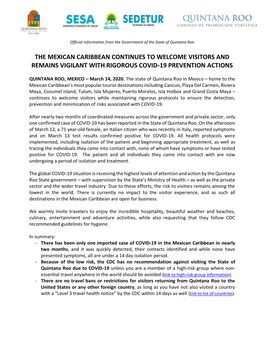 The Mexican Caribbean Continues to Welcome Visitors and Remains Vigilant with Rigorous Covid-19 Prevention Actions