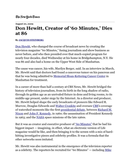Don Hewitt, Creator of '60 Minutes,' Dies at 86