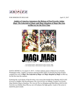 Aniplex of America Announces the Release of Fan Favorite Anime Magi: the Labyrinth of Magic and Magi: Kingdom of Magic Box Sets on Blu-Ray for the First Time