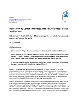 City Center Announces 2016 FFD Programming