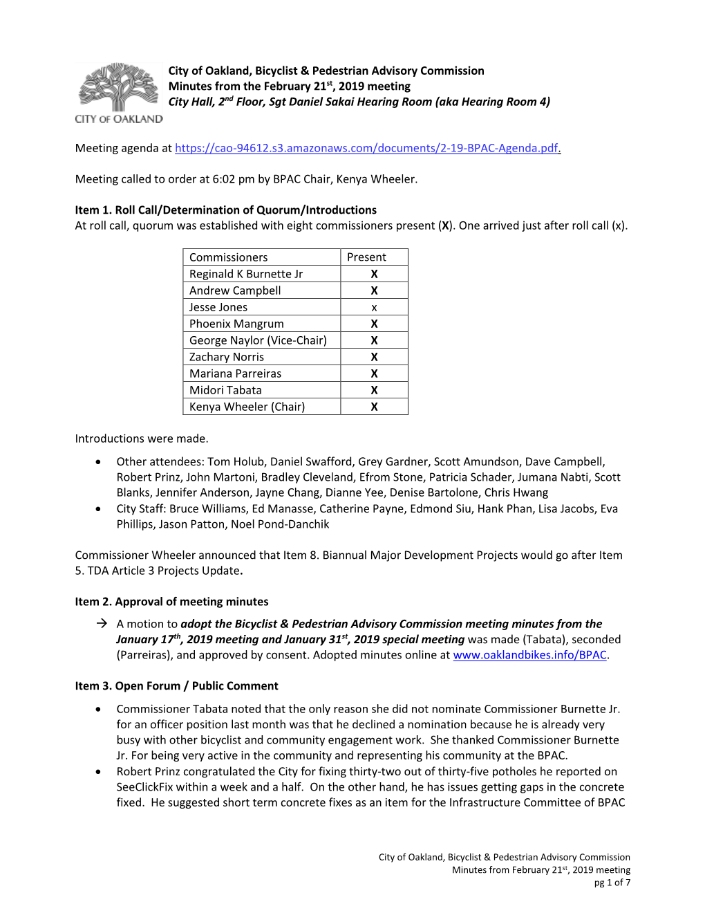 City of Oakland, Bicyclist & Pedestrian Advisory Commission Minutes From