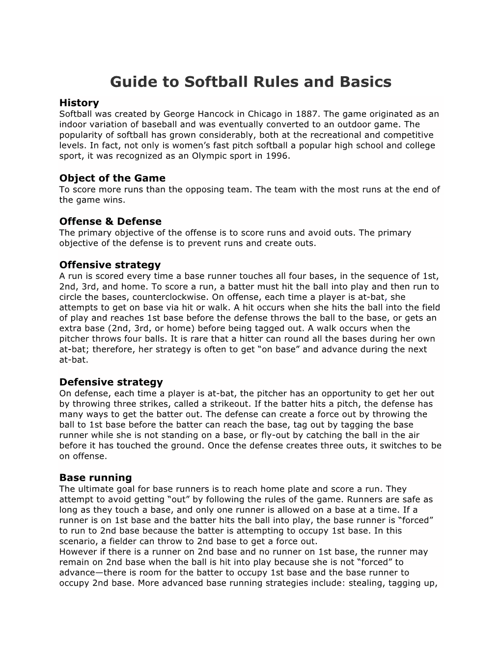 Guide to Softball Rules and Basics DocsLib