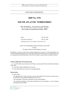 The St Helena, Ascension and Tristan Da Cunha Constitution Order 2009