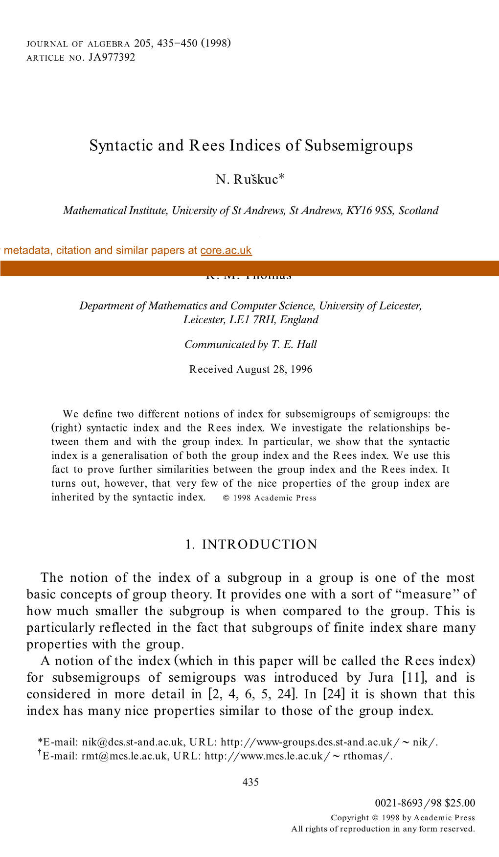 Syntactic and Rees Indices of Subsemigroups