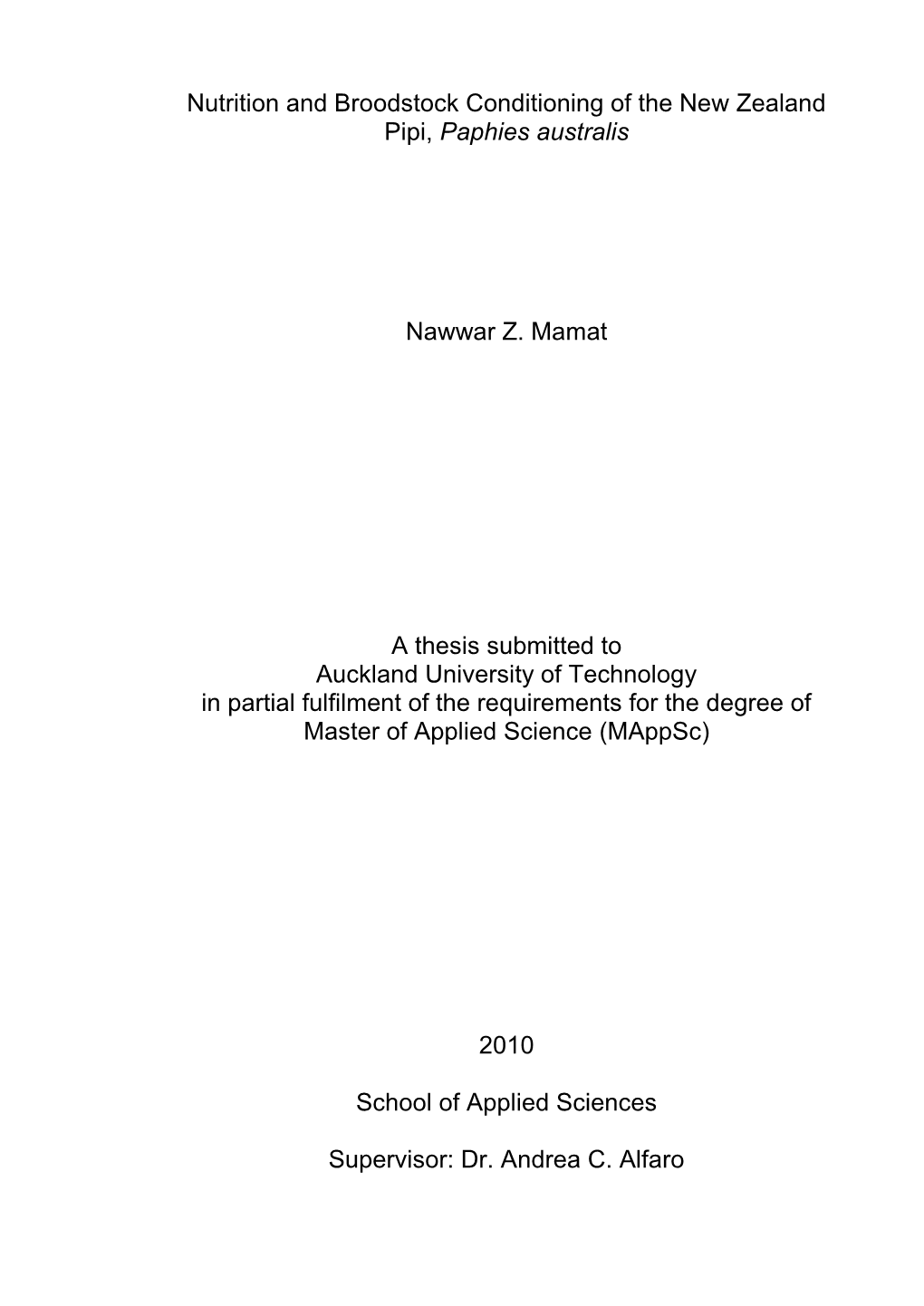 Nutrition and Broodstock Conditioning of the New Zealand Pipi, Paphies Australis