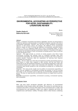 Environmental Accounting As Perspective for Hotel Sustainability: Literature Review