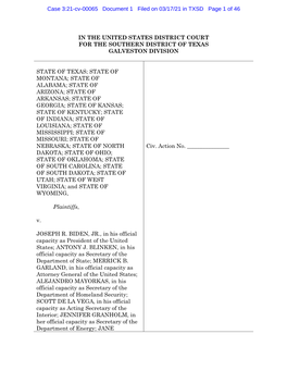 Case 3:21-Cv-00065 Document 1 Filed on 03/17/21 in TXSD Page 1 of 46