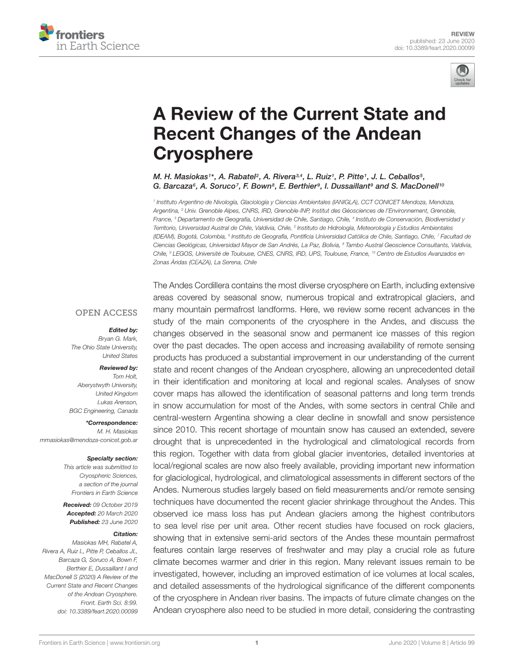 A Review of the Current State and Recent Changes of the Andean Cryosphere