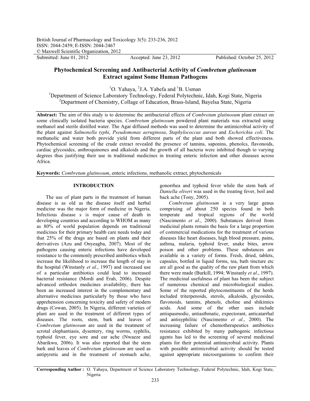 Phytochemical Screening and Antibacterial Activity of Combretum Glutinosum Extract Against Some Human Pathogens