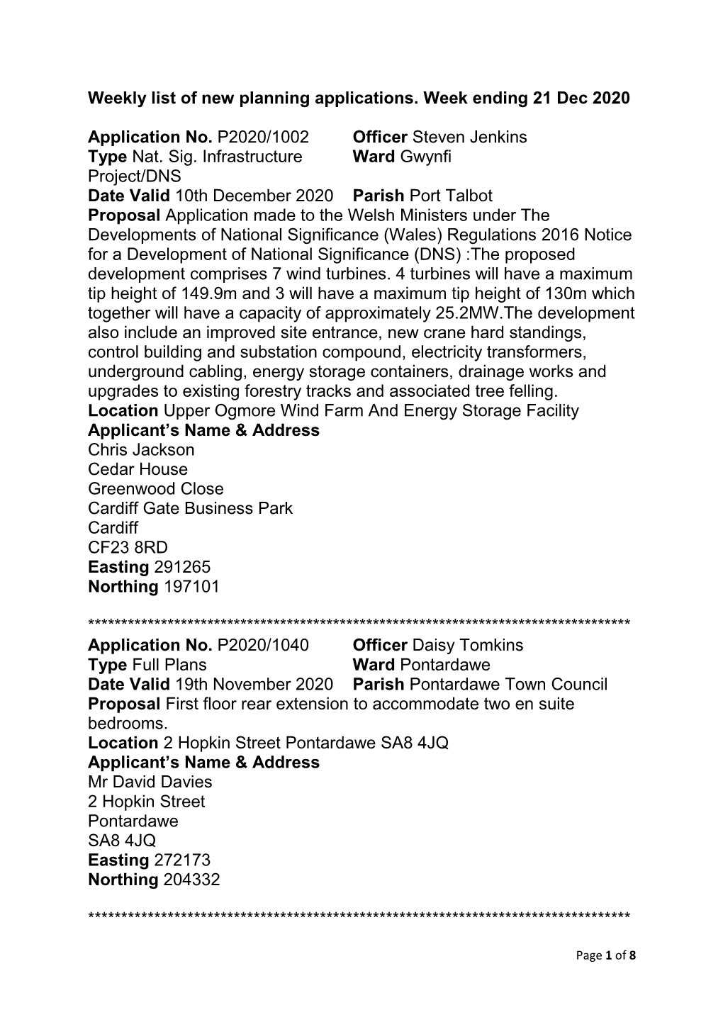 Weekly List of New Planning Applications. Week Ending 21 Dec 2020 Application No. P2020/1002 Officer Steven Jenkins Type Nat. Si